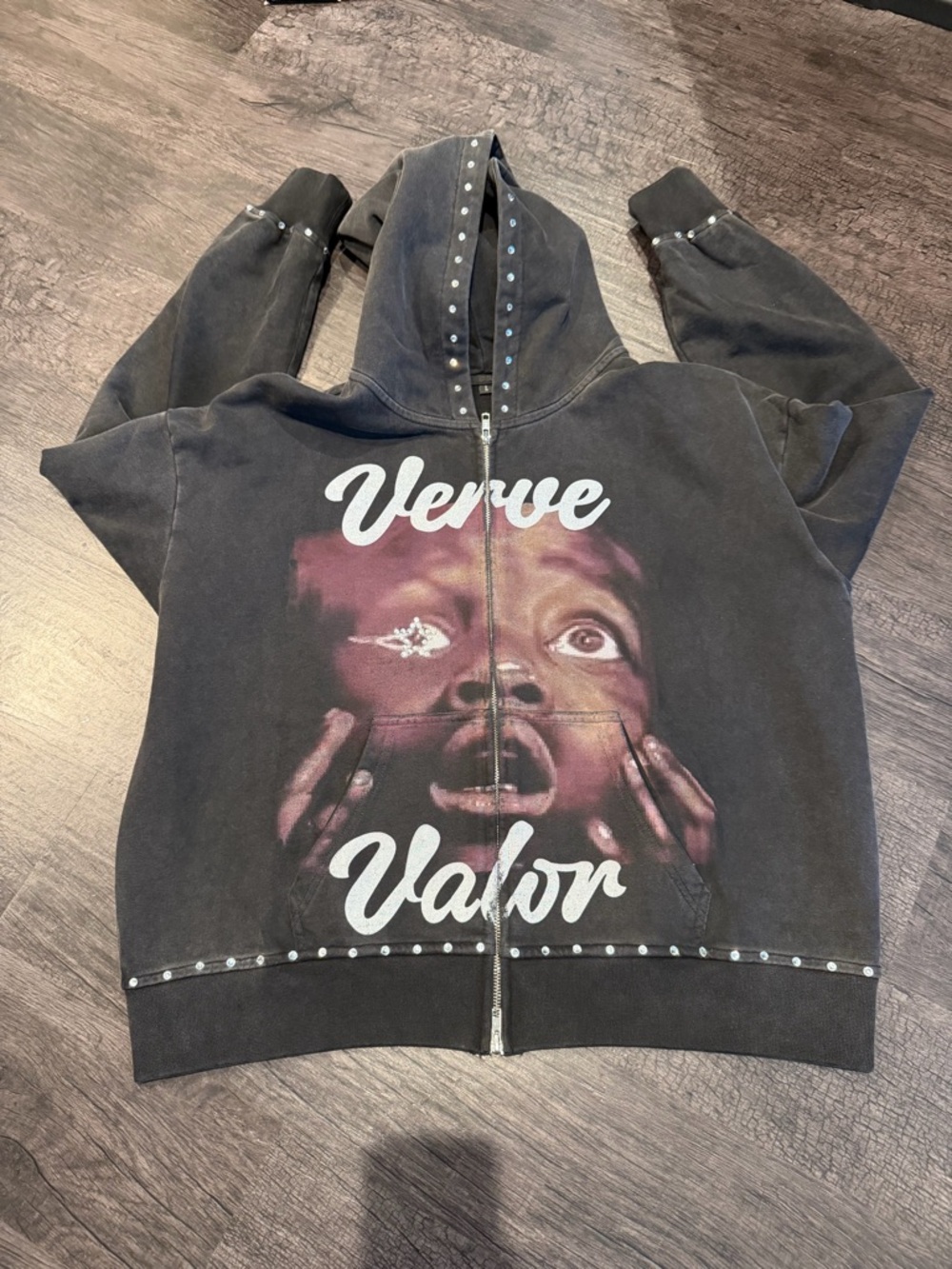 Graphic Studded Black Zip-Up Hoodie - 'Verve Valor'